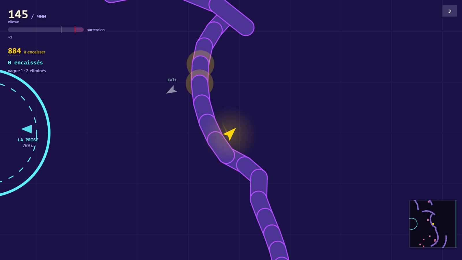The circuit: the golden ship hugs a great violet wall, the socket ring on the left