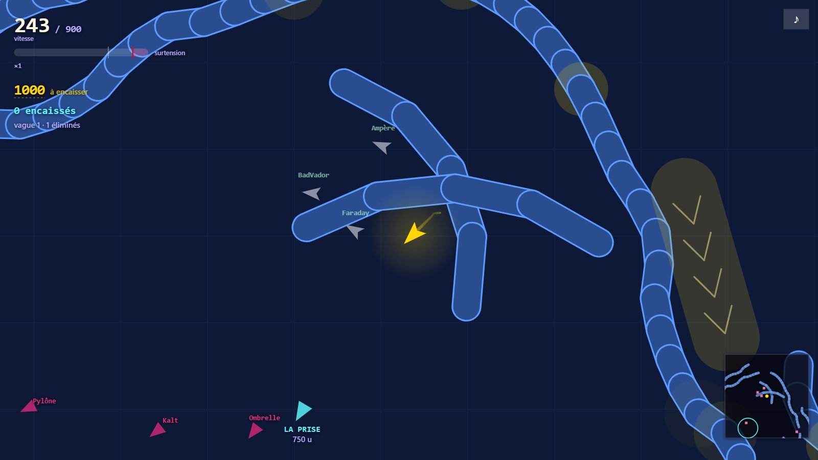Mid-hunt in the maze: the golden ship glows among blue walls while three pink rivals close in from the south
