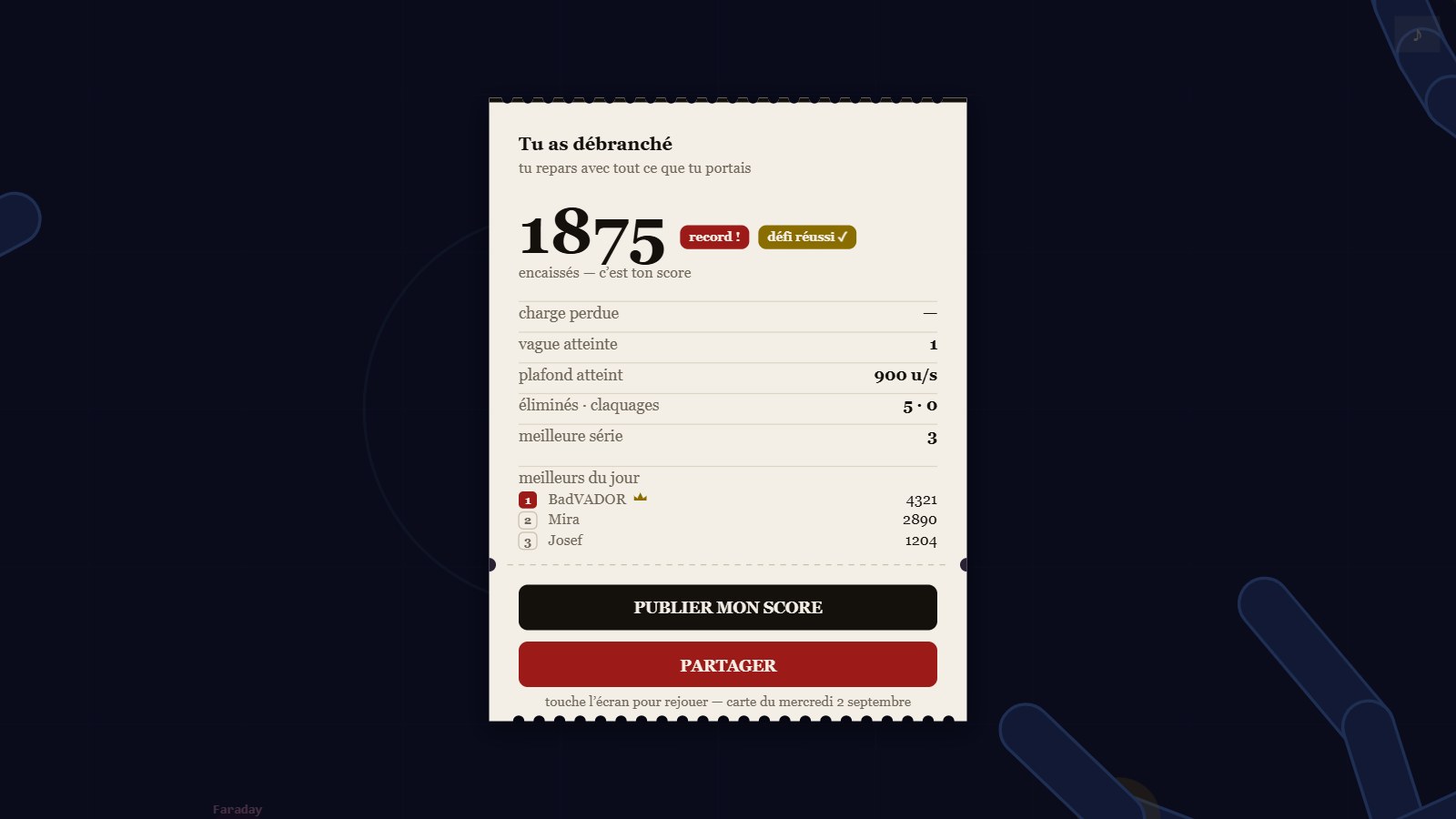 The end-of-run ticket: 1875 banked, record and challenge badges, and the daily leaderboard with the crowned champion